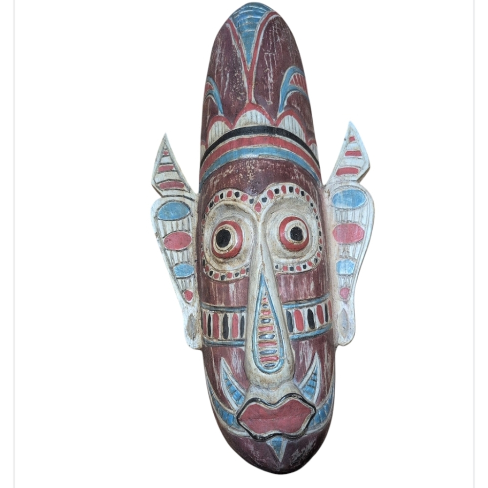 African Tribal Mask Hand Carved Wood Hand Painted Wall Hanging Ethnic Boho Decor
